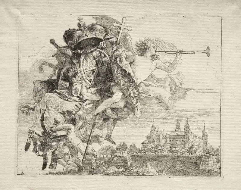 Widmung mit geflügelter Ruhmesgestalt, das Wappen des Fürstbischofs von Würzburg tragend von Giovanni Domenico Tiepolo