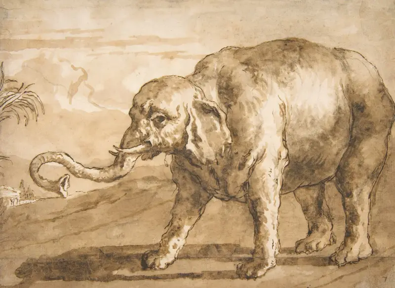 Elefant i landskap av Giovanni Domenico Tiepolo