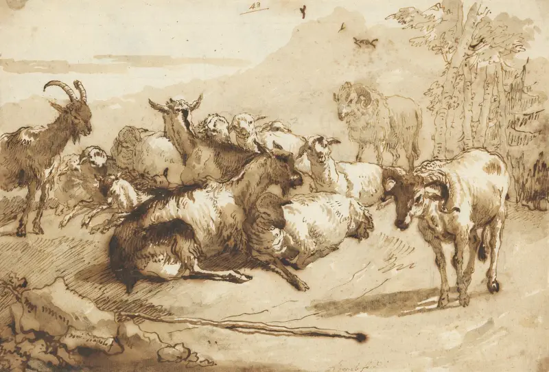 Getter och får i ett landskap av Giovanni Domenico Tiepolo