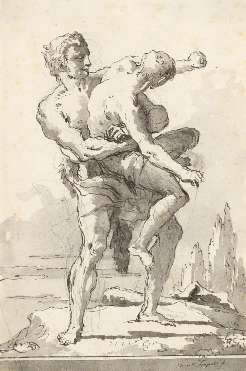 Herkules och Antaios (med en avsats nedanför) av Giovanni Domenico Tiepolo