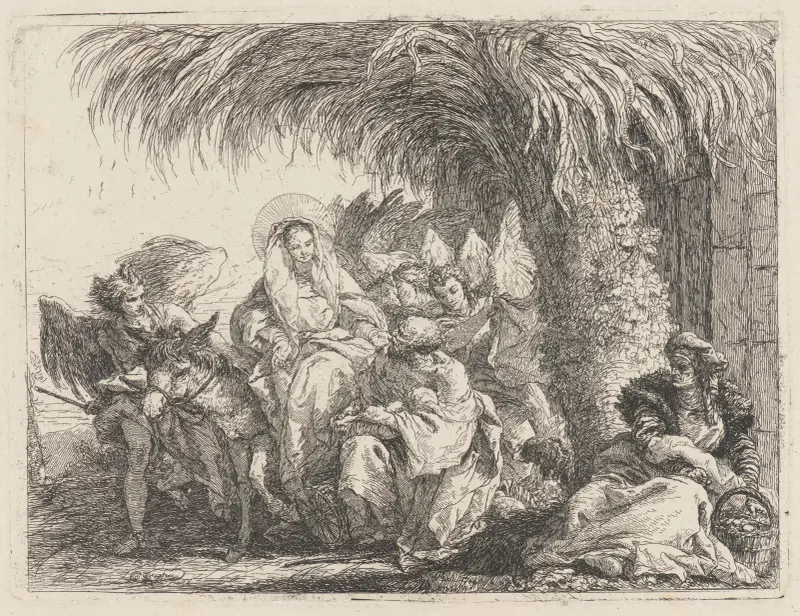 Josef knäböjer med barnet framför Maria på åsnan av Giovanni Domenico Tiepolo