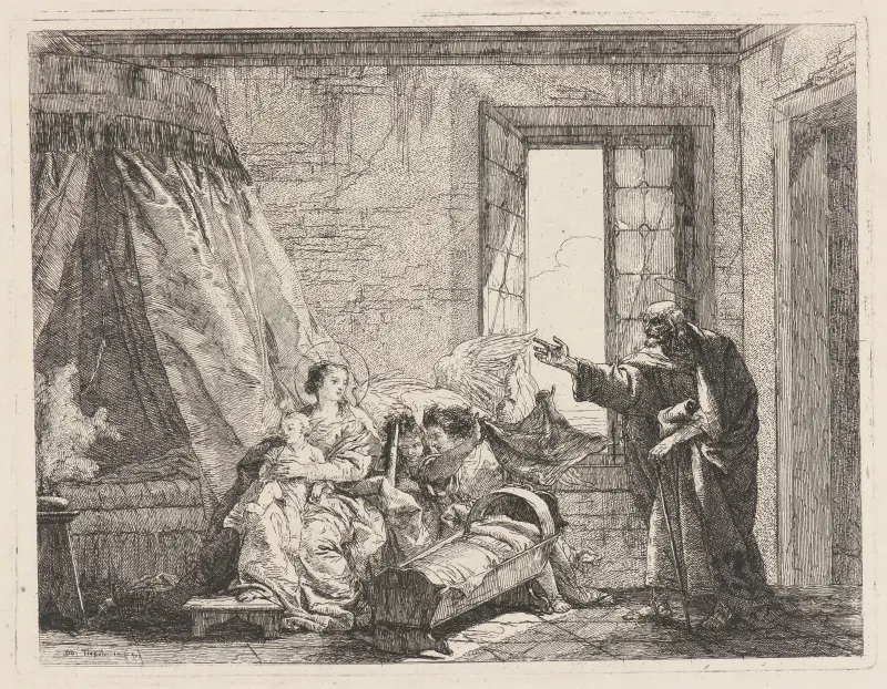 Josef förmedlar Guds budskap till Maria att fly av Giovanni Domenico Tiepolo