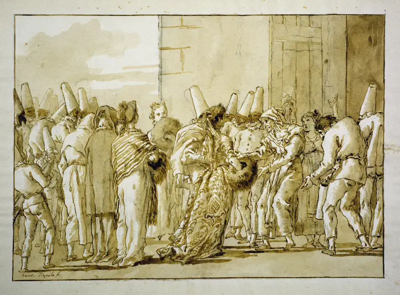 Punchinellas far kommer hem med sin brud av Giovanni Domenico Tiepolo