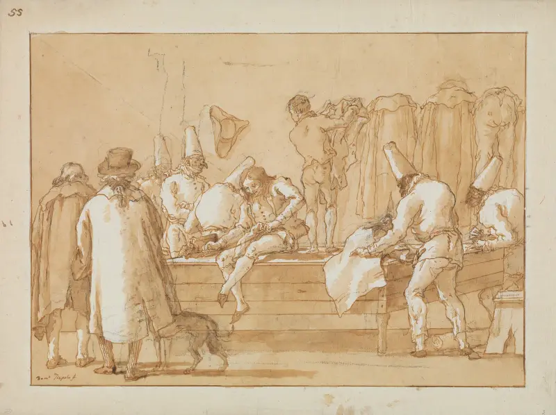 Punchinello som skräddarens assistent av Giovanni Domenico Tiepolo