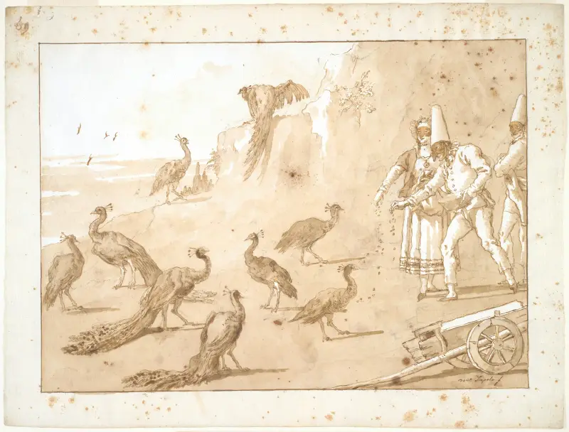 Punchinello Feeding the Peacocks av Giovanni Domenico Tiepolo