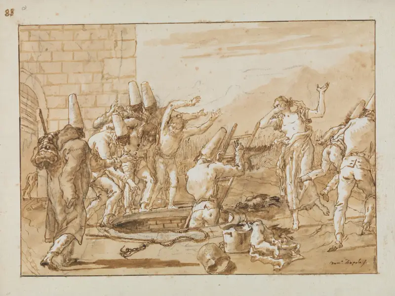 Punchinello hämtar döda fåglar ur en brunn av Giovanni Domenico Tiepolo