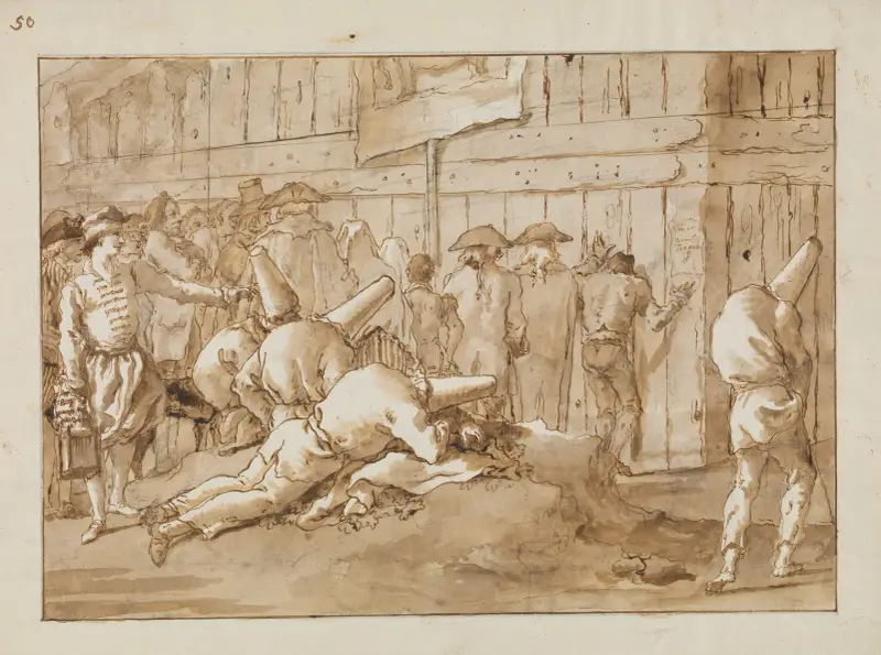 Punchinellos Outside a Circus av Giovanni Domenico Tiepolo