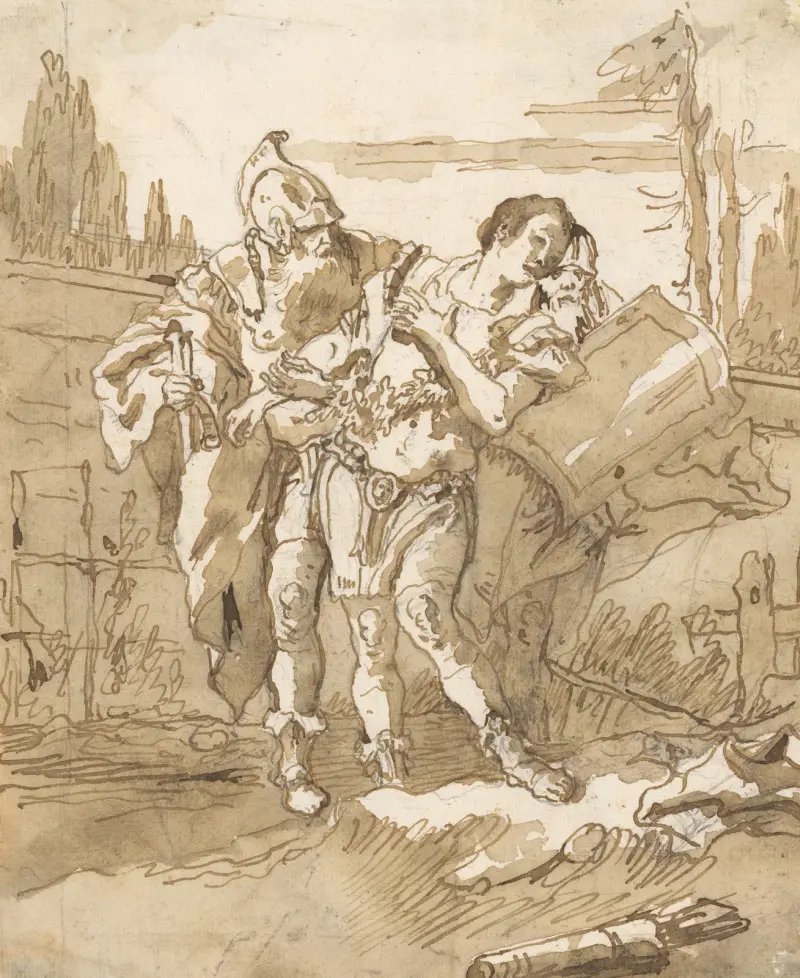 Rinaldo, von Ubaldo und Guelfo überredet, Armida zu verlassen von Giovanni Domenico Tiepolo