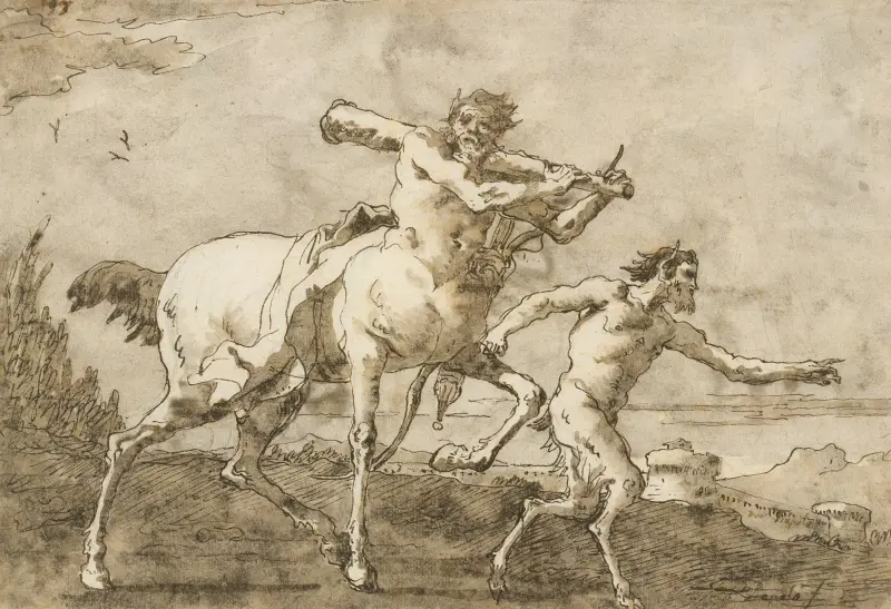 Satyr prowadzący centaura z maczugą, łukiem i kołczanem przed murami miasta, Giovanni Domenico Tiepolo