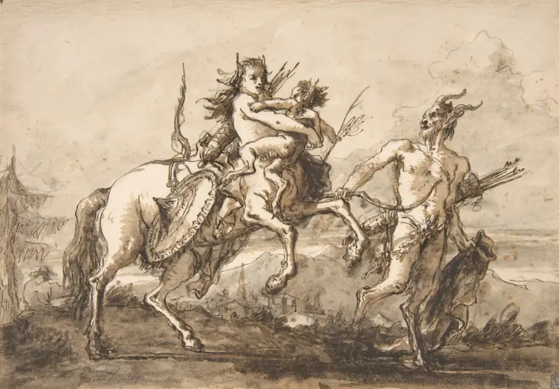 Satyr Leading a Centauress Who Holds a Satyr Child av Giovanni Domenico Tiepolo