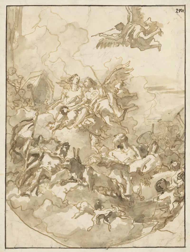 Skiss till ett tak med allegori över styrka och visdom av Giovanni Domenico Tiepolo