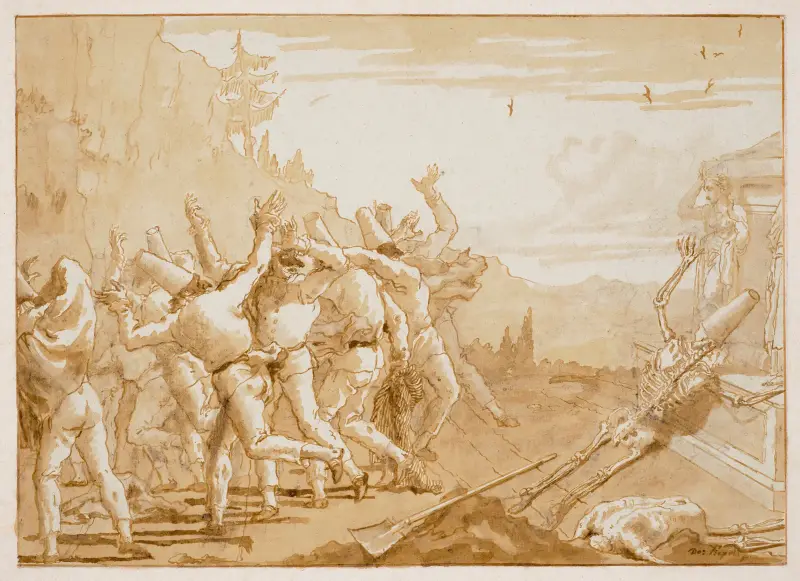 Skelettet av Punchinello visar sig vid sin grav av Giovanni Domenico Tiepolo