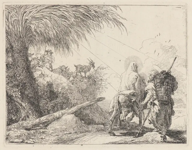 Die Flucht, die Heilige Familie rechts, Josef nach links blickend von Giovanni Domenico Tiepolo