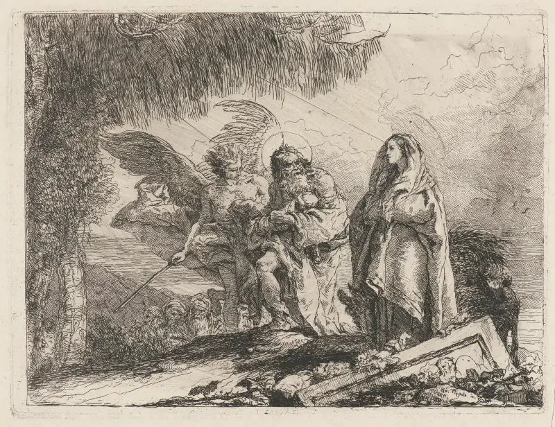 Flykten, den heliga familjen vandrar med ängel av Giovanni Domenico Tiepolo