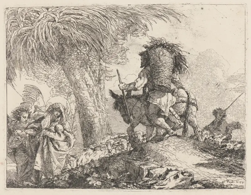 Flykten, Josef till höger och Maria med ängel till vänster av Giovanni Domenico Tiepolo