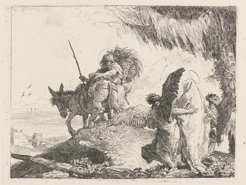 Flykten, med Madonnan till höger stödd av änglar av Giovanni Domenico Tiepolo