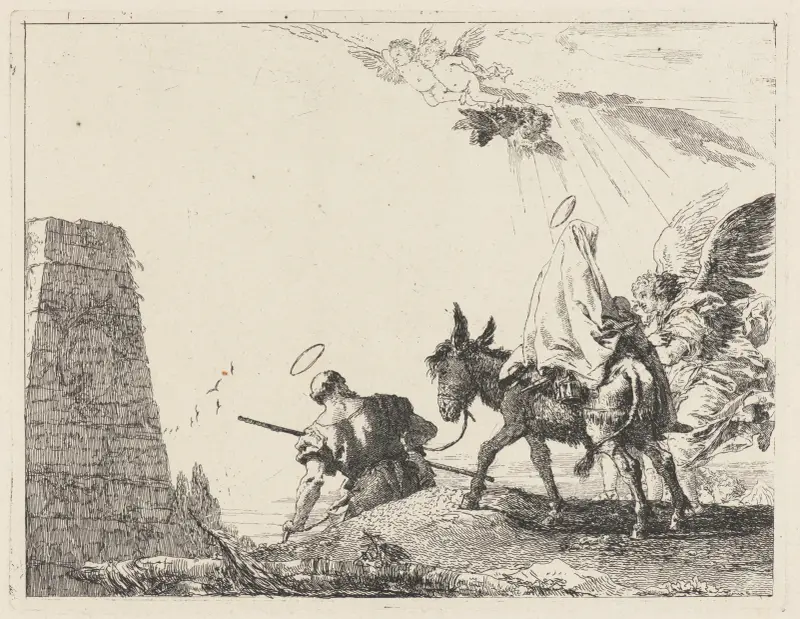 Flykten med obelisk till vänster av Giovanni Domenico Tiepolo