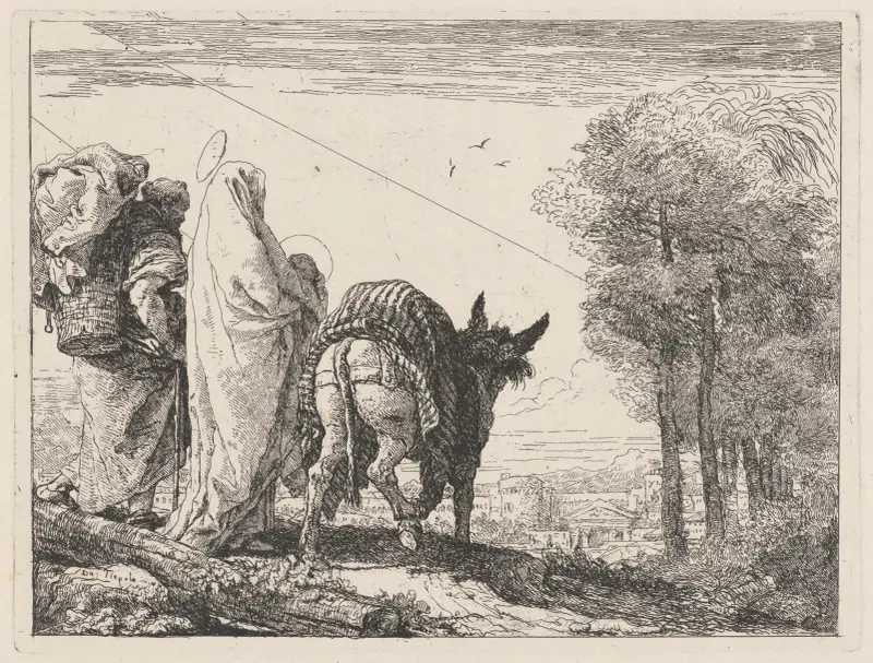 Flykten med den heliga familjen till vänster av Giovanni Domenico Tiepolo