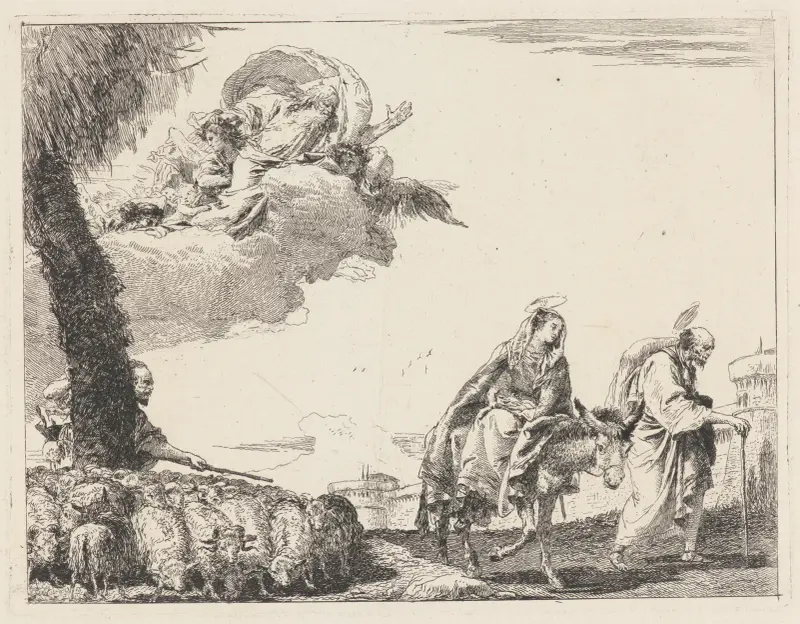 Flykten med den heliga familjen till höger av Giovanni Domenico Tiepolo
