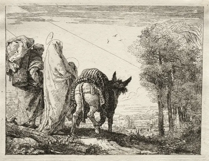 Die heilige Familie auf dem Weg zu einem Dorf von Giovanni Domenico Tiepolo
