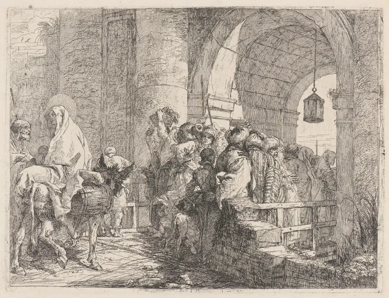 Den heliga familjen anländer till en stadsport av Giovanni Domenico Tiepolo
