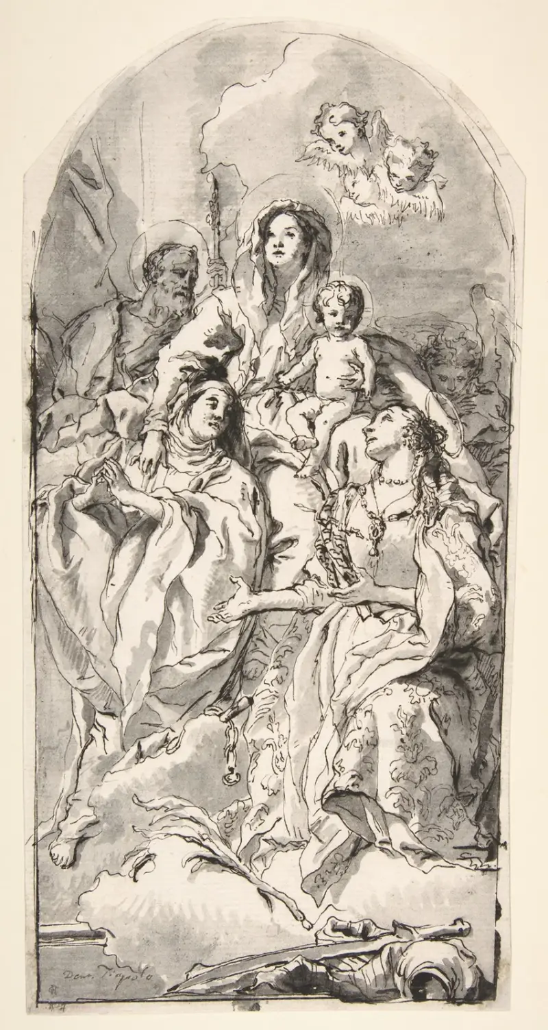 Den heliga familjen med två kvinnliga helgon av Giovanni Domenico Tiepolo