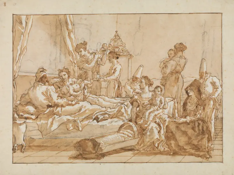 Den lille Punchinello i säng med sina föräldrar av Giovanni Domenico Tiepolo