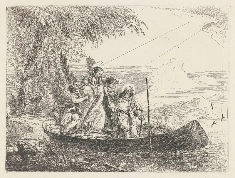 Madonnan, barnet och änglarna stiger i båten av Giovanni Domenico Tiepolo