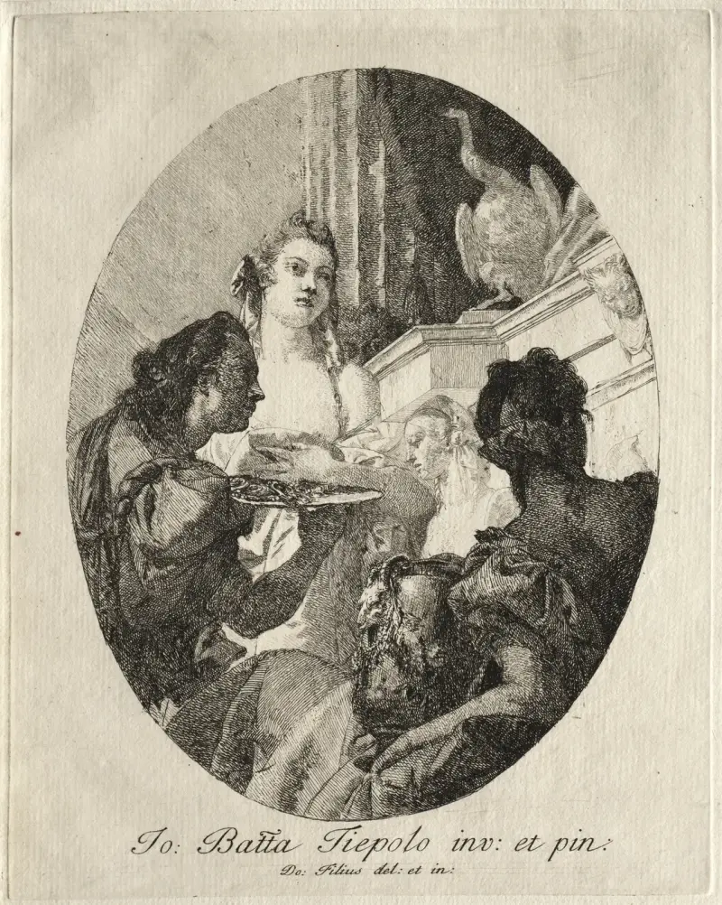 Tre kvinnor överlämnar gåvor från Marcus Antonius till Kleopatra av Giovanni Domenico Tiepolo