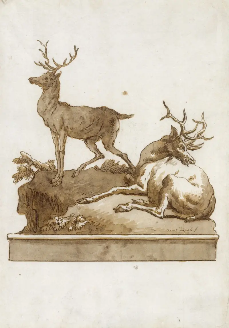 Två hjortar, en stående och en liggande, på en gräsbacke (med sockel) av Giovanni Domenico Tiepolo