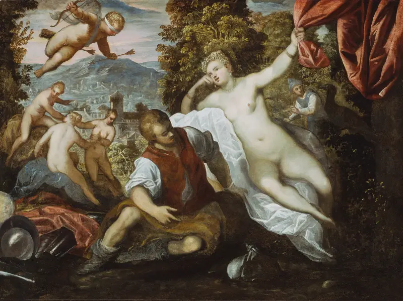 Venus and Mars with Cupid and the Three Graces in a Landscape av Domenico Tintoretto