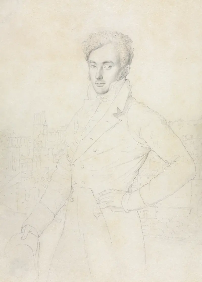 Portrait of a Young Man Standing on the Quirinal with the Turris Comitum in the Background av Jean Auguste Dominique Ingres