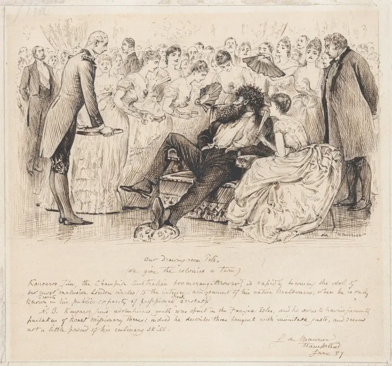 Våra tamdjur – med 'Kangaroo Jim, den australiska bumerangkastarmästaren', för 'Punch', 2 juli 1887 av George Du Maurier