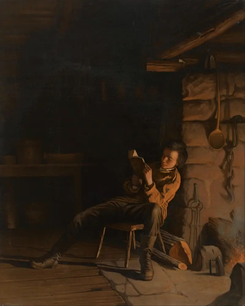 Lincolns barndom. (En kväll i timmerstugan.) av Eastman Johnson