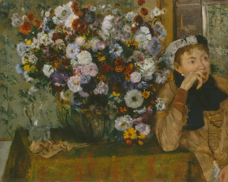 Kvinna vid en vas med blommor av Edgar Degas