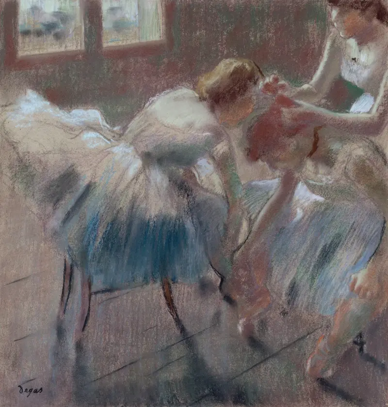 Drei Tänzerinnen bei der Vorbereitung auf den Unterricht von Edgar Degas