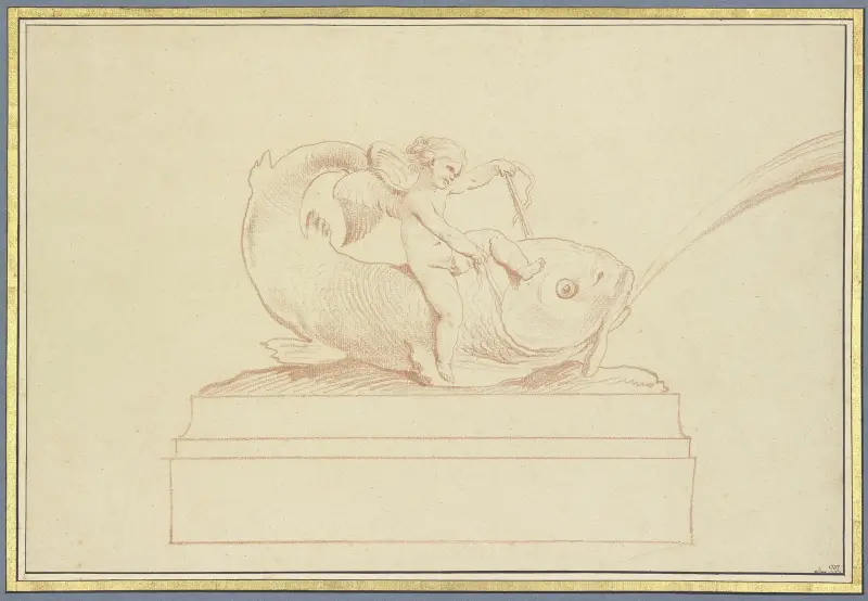 Wasser speiender Delphin nach links mit einer Amorette av Edmé Bouchardon