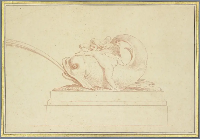 Wasser speiender Delphin nach rechts mit einer Amorette av Edmé Bouchardon