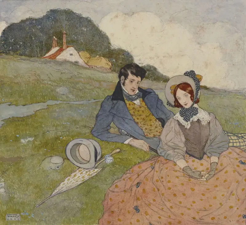 A couple seated in a rural landscape av Edmund Dulac