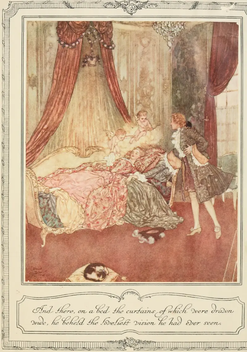 Och där, på en säng vars förhängen var vidöppna, såg han den ljuvligaste syn han någonsin sett, 1910 av Edmund Dulac