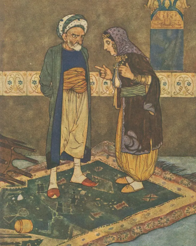 Så snart han kom in började hon håna honom. av Edmund Dulac