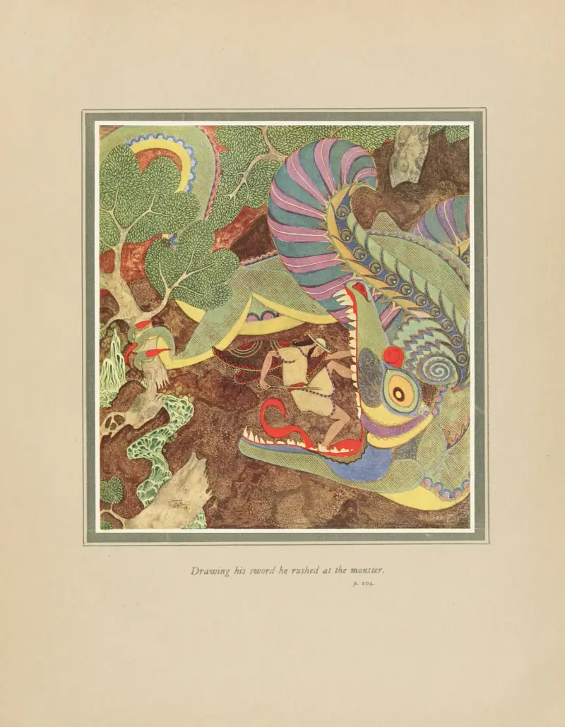 Drawing bis sword, he rushed at the monster av Edmund Dulac