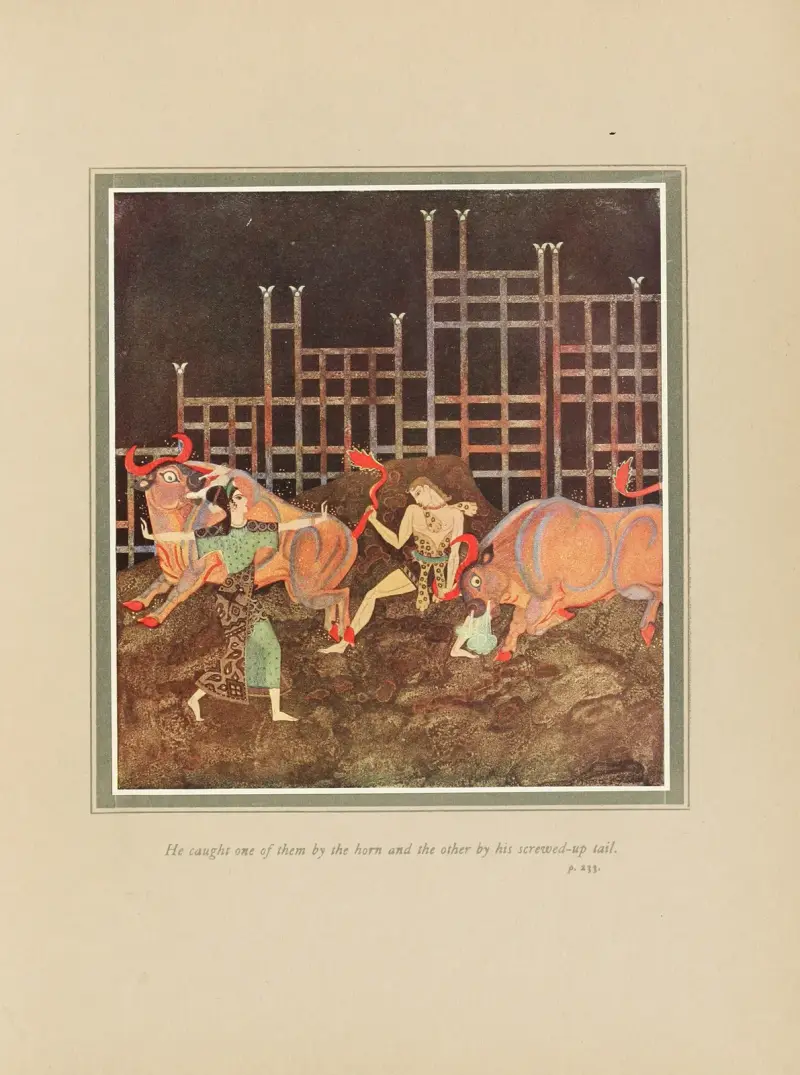 Han grep en av dem i hornet och den andra i den skruvade svansen av Edmund Dulac