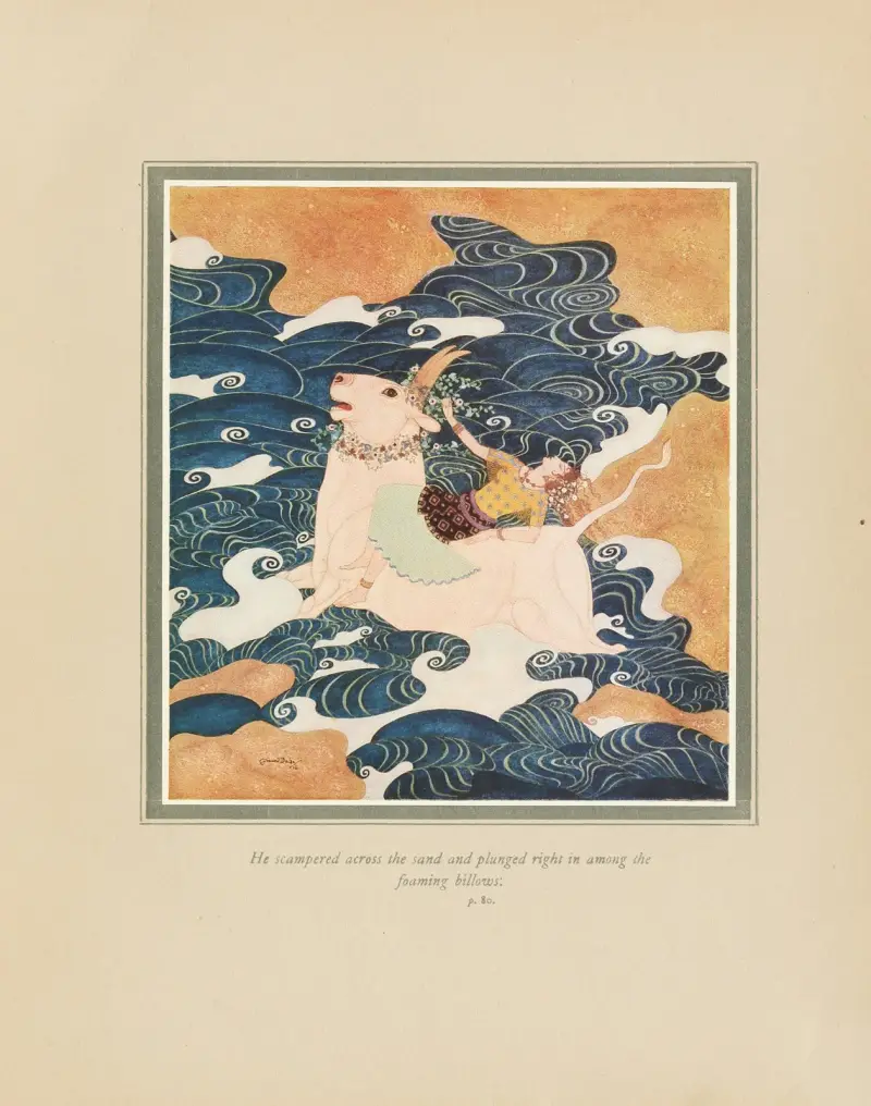 He scampered across the sand and plunged right in among the foaming billows av Edmund Dulac