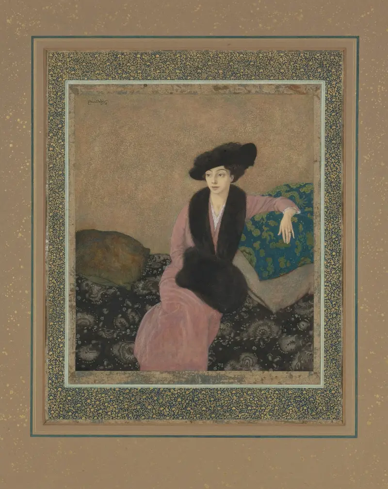 Porträtt av dam i päls av Edmund Dulac