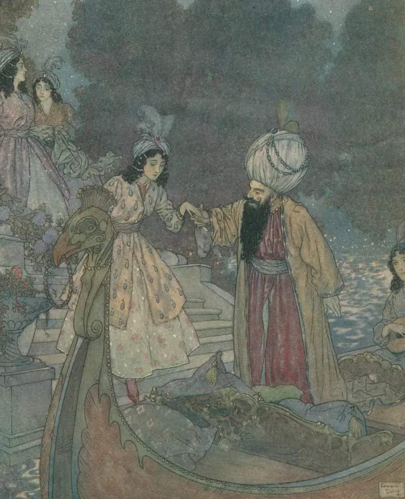 They were rowed to the sound of music on the waters of their host’s private canal av Edmund Dulac