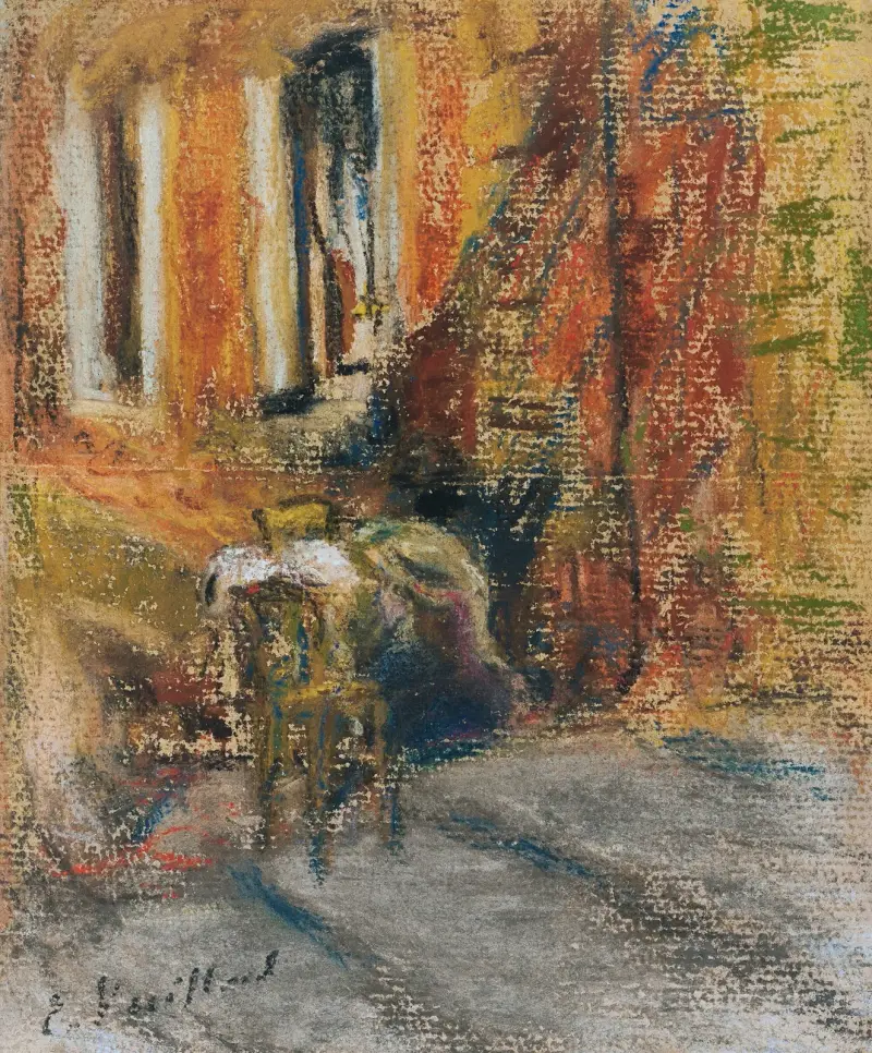 Två sittande figurer på trappan till ett hus av Édouard Vuillard