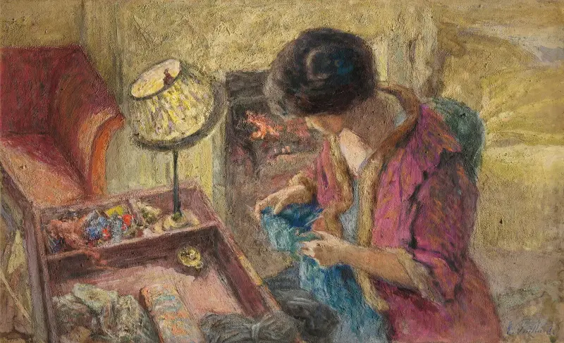 Le Petit Salon, Madame Hessel À La Table À Ouvrage (Étude) av Édouard Vuillard