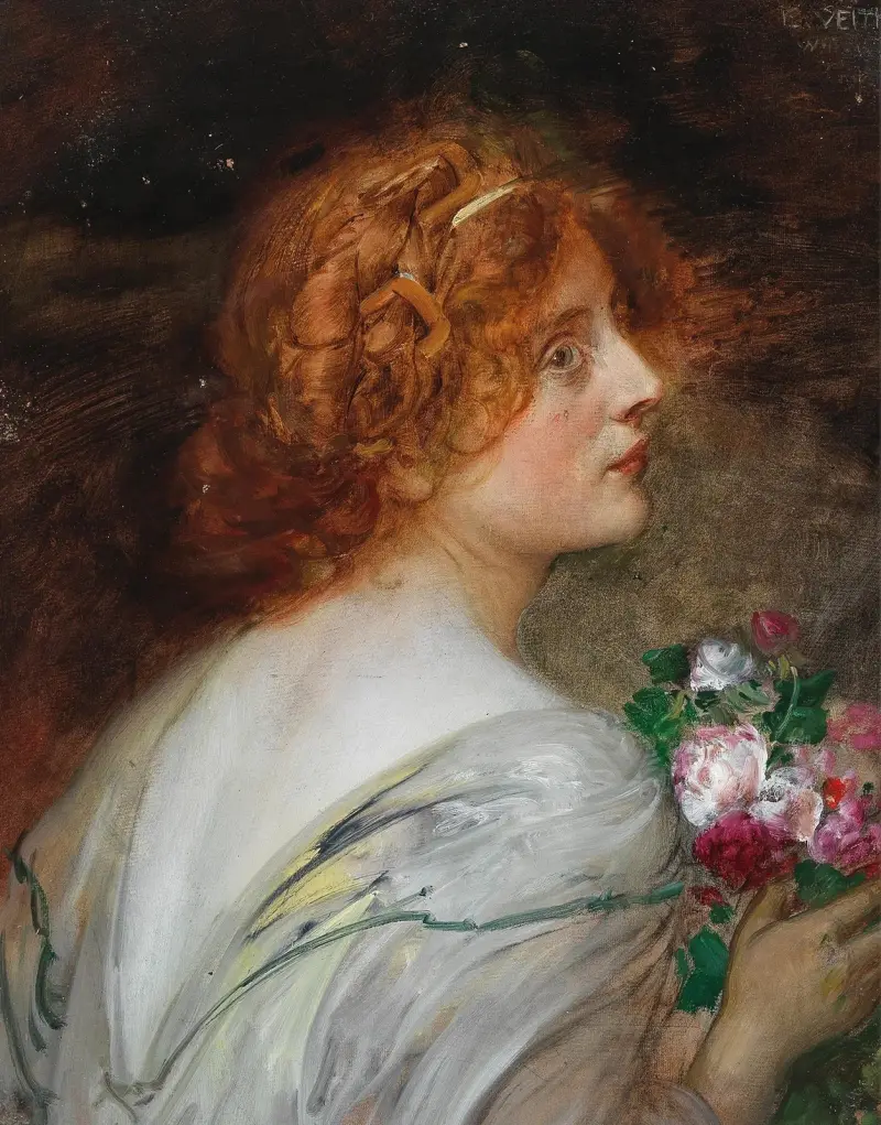 Back View Of A Young Woman In Profile With A Bouquet Of Roses In Her Hands av Eduard Veith