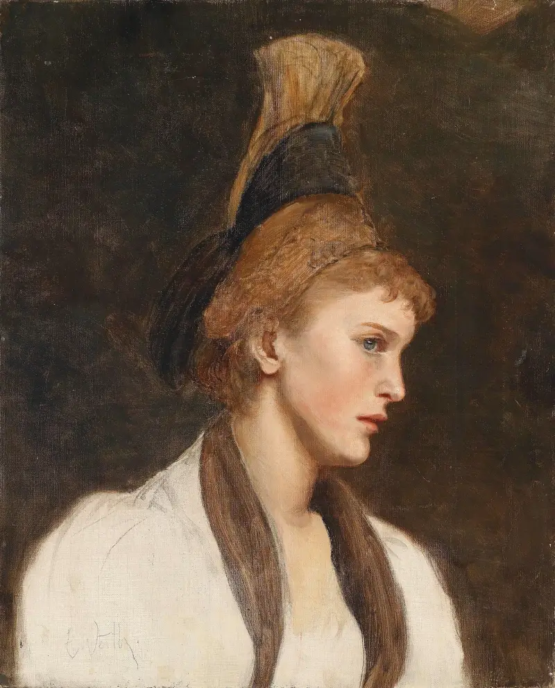 Kvinna i profil med gyllene huvudbonad av Eduard Veith